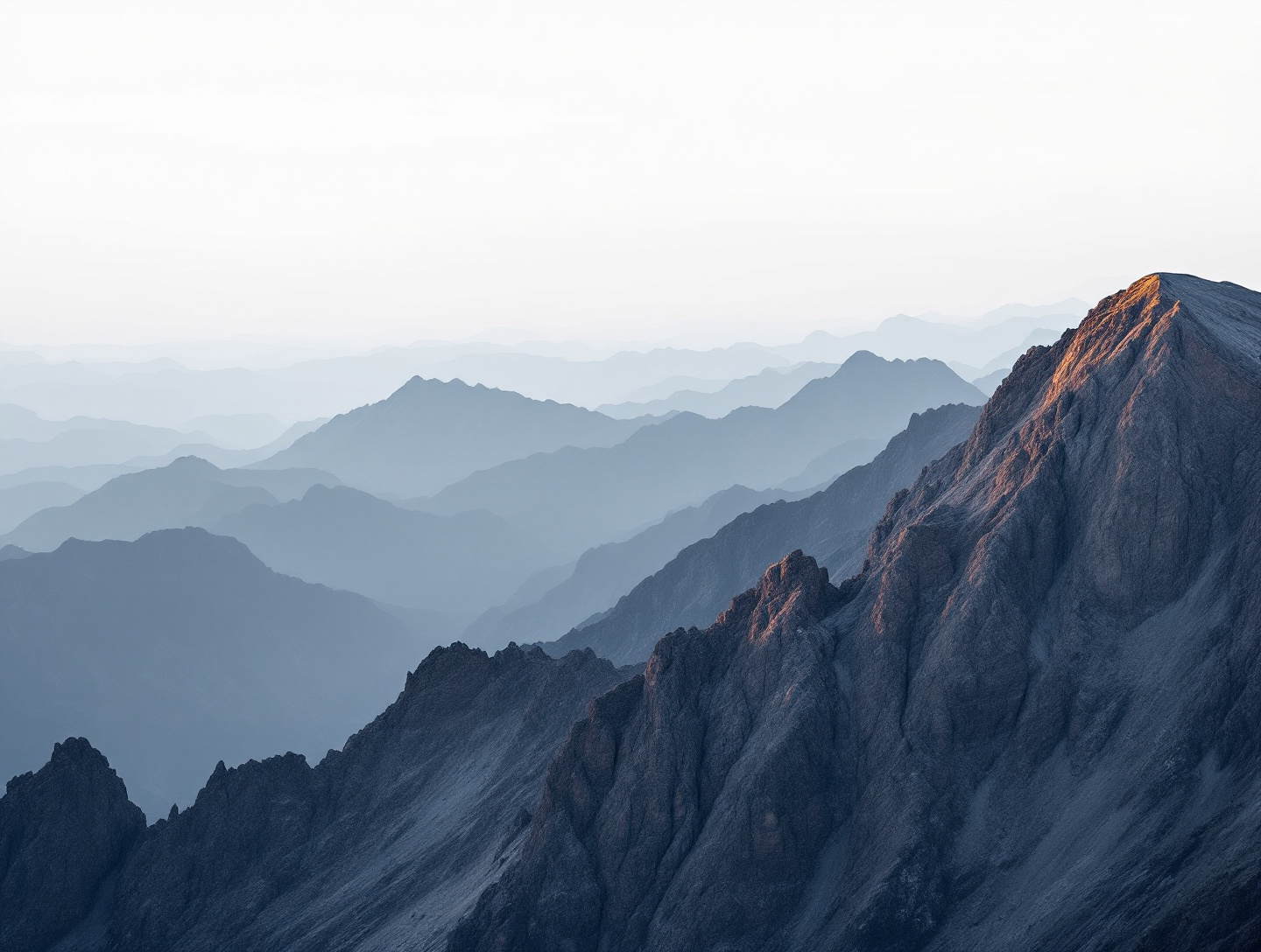 Layered mountain ridgeline at first light, the nearest crest edged in warm sun