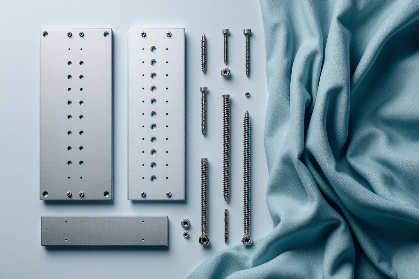 Titanium fracture-fixation plates and cortical screws arranged on a sterile drape